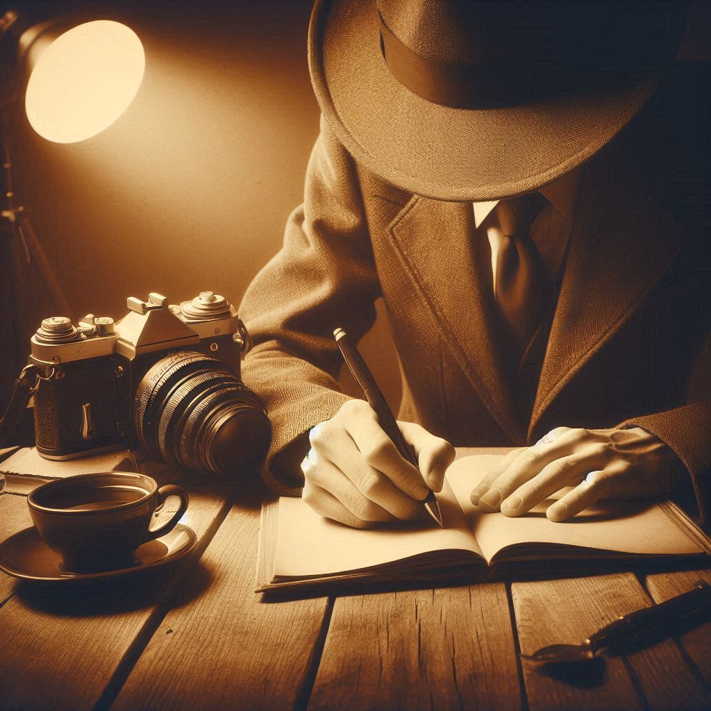 Um homem vestido com um terno clássico, gravata e chapéu fedora está sentado à mesa, escrevendo em um caderno com uma caneta. A iluminação dramática, com um tom sépia, cria uma sensação de mistério. Ao lado dele, há uma câmera fotográfica vintage, uma xícara de café e uma pena estilizada, sugerindo um ambiente de literatura noir.